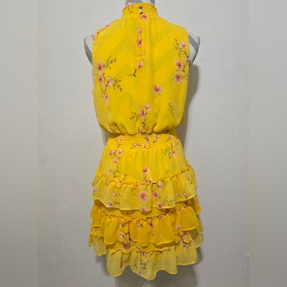 MSK Floral Mini Dress Tiered Ruffle Yellow Pink Size Petite Large - Picture 7 of 16